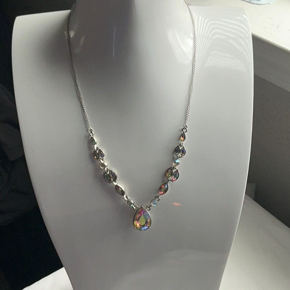 Iridescent Color Faux Gemstone Necklace Silver Tone Tear Drop 18”